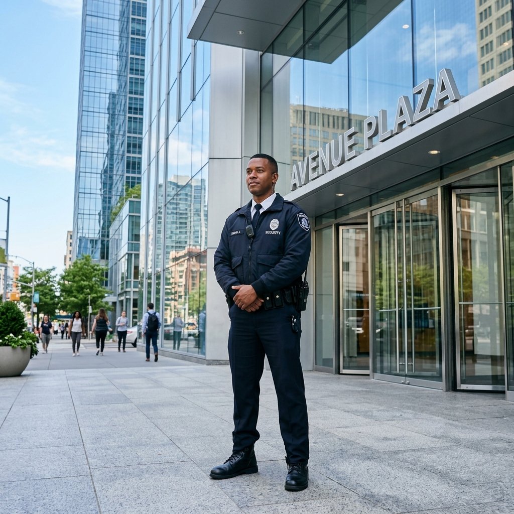 Security Patrol officer standing outside corporate tower